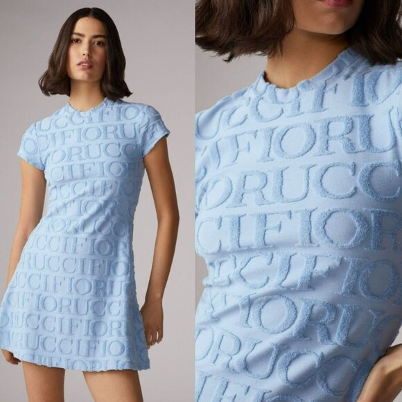 Fiorucci Dresses & Skirts - Fiorucci Terry Cloth Logo Mini Dress Light Blue Boucle Crew Neck Short Sleeve